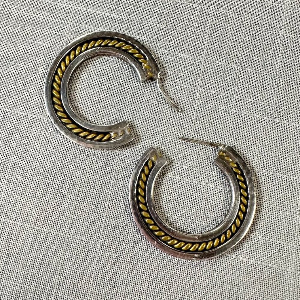 $5/5 Silver tone Hoop Earrings with Gold Tone Rope Twist